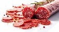 Cured beef salami, air-dried and sliced, showcasing its marbling, a flavorful charcuterie Royalty Free Stock Photo