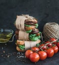 Cured chicken and spinach whole grain sandwich tower with spices Royalty Free Stock Photo