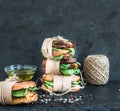 Cured chicken and spinach whole grain sandwich tower with spices Royalty Free Stock Photo