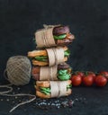 Cured chicken and spinack whole grain sandwich tower with spices Royalty Free Stock Photo