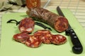 Cured iberian chorizo slices. High quality product.