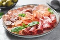 Cured Meat Platter, Antipasto Set, Appetizer Variety on Plate over Concrete Background