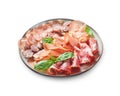 Cured Meat Platter, Antipasto Set, Appetizer Variety on Plate over White Background