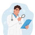 Curiosity concept. The man is a doctor with a tablet and a stethoscope, standing looking at something with a magnifying glass and