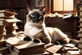 Curiosity\'s Edge: Siamese Cat Perched Precariously at the Edge of a Cluttered Desk, Surrounded by Mounds of Paper, Sleek and