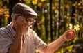 Curiosity to botany. Explore world around. Pensioner hiking in forest on sunny autumn day. Old man collect leaves