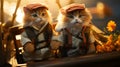 Curiosity Unleashed: Two Adventurous Kittens in Explorer Attire Amidst Vibrant Flowers AI Generated
