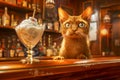 Curious Abyssinian Cat Sitting at Bar Counter with Creamy Dessert in Elegant Glass, Vintage Pub Interior Background