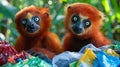 Curious animals exploring trash with blurred background, space for text, creatures gazing at camera