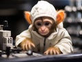 Baby monkey scientist examines microscope Royalty Free Stock Photo