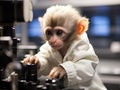 Baby monkey scientist examines microscope Royalty Free Stock Photo