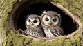 Curious Baby Owls Peeking Out of Tree Hole Nest.