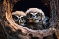 Curious baby owls in a tree hole nest, offering copy space