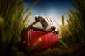 Curious Badger Peeking Out from a Red Suitcase in Grass.