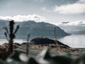 curious and beautiful mountains between the vegetation and the great blue lake with clean transparent and calm waters in Royalty Free Stock Photo