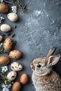 A curious bunny examines a collection of speckled Easter eggs spread on a textured grey background adorned with spring Royalty Free Stock Photo