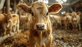 A curious calf peers closely into the camera inside a barn with a herd in the background