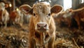 A curious calf peers closely into the camera inside a barn with a herd in the background