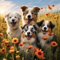 Curious Canines - A pack of adorable puppies exploring a colorful field filled with blooming wildflowers