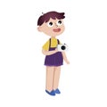 Curious cartoon little boy standing with camera colorful character vector Illustration