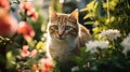 a curious cat exploring a sunlit garden, AI-Generated