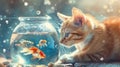 Curious cat eyeing a fish, a delightful encounter of feline fascination, Ai Generated Royalty Free Stock Photo