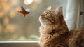 Ginger Cat Watching a Bird Flying Outside the Window Royalty Free Stock Photo