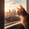 Curious Cat at Golden Hour with City Skyline