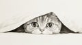Curious cat hiding under blanket with big eyes drawing concept illustration Royalty Free Stock Photo