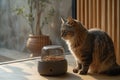 A curious cat inspects a modern automatic feeder with an indoor plant backdrop.