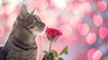 Cat Sniffing Rose With Hearts in Background