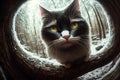 Curious cat looking at the camera in a tree hollow, fisheye portrait, AI generated Royalty Free Stock Photo