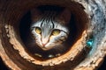 Curious cat looking at the camera in a tree hollow, fisheye portrait, AI generated Royalty Free Stock Photo