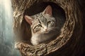 Curious cat looking at the camera in a tree hollow, fisheye portrait, AI generated Royalty Free Stock Photo