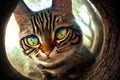 Curious cat looking at the camera in a tree hollow, fisheye portrait, AI generated Royalty Free Stock Photo