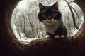 Curious cat looking at the camera in a tree hollow, fisheye portrait, AI generated Royalty Free Stock Photo