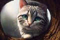 Curious cat looking at the camera in a tree hollow, fisheye portrait, AI generated Royalty Free Stock Photo