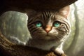 Curious cat looking at the camera in a tree hollow, fisheye portrait, AI generated Royalty Free Stock Photo