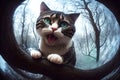 Curious cat looking at the camera in a tree hollow, fisheye portrait, AI generated Royalty Free Stock Photo