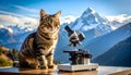 Curious Cat & Microscope: Mountntop Discovery Royalty Free Stock Photo