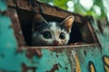 Curious Cat Peeking Out from Old Rusty Structure Surrounded by Lush Greenery in Nature Royalty Free Stock Photo