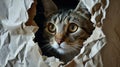 Curious cat playfully peeks out from a small hole in a vibrant and bright white paper surface