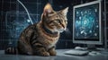Curious cat sitting on desk looking at computer screen with futuristic graphics displayed