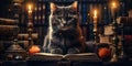 Curious cat wandering through a library of mystical books, concept of Library exploration