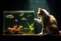 Curious cat watching the fish in the aquarium on dark background. AI generated