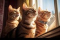 Curious Cats on Windowsill - Feline Trio Captivated by Outside World in Close-up Photo