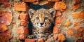A curious cheetah cub peeks through a hole in a crumbling brick wall, its amber eyes captivating. Generative AI Royalty Free Stock Photo