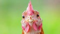 A curious chicken peeks into the camera, bathed in natural light with a soft, blurred backdrop for a charming focus Royalty Free Stock Photo