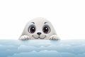 A curious child befriends a friendly blue monster , cute seal floating in the water with face expression