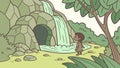 Curious child exploring a mystical waterfall and cave in a lush green forest, vector design Generative AI Royalty Free Stock Photo